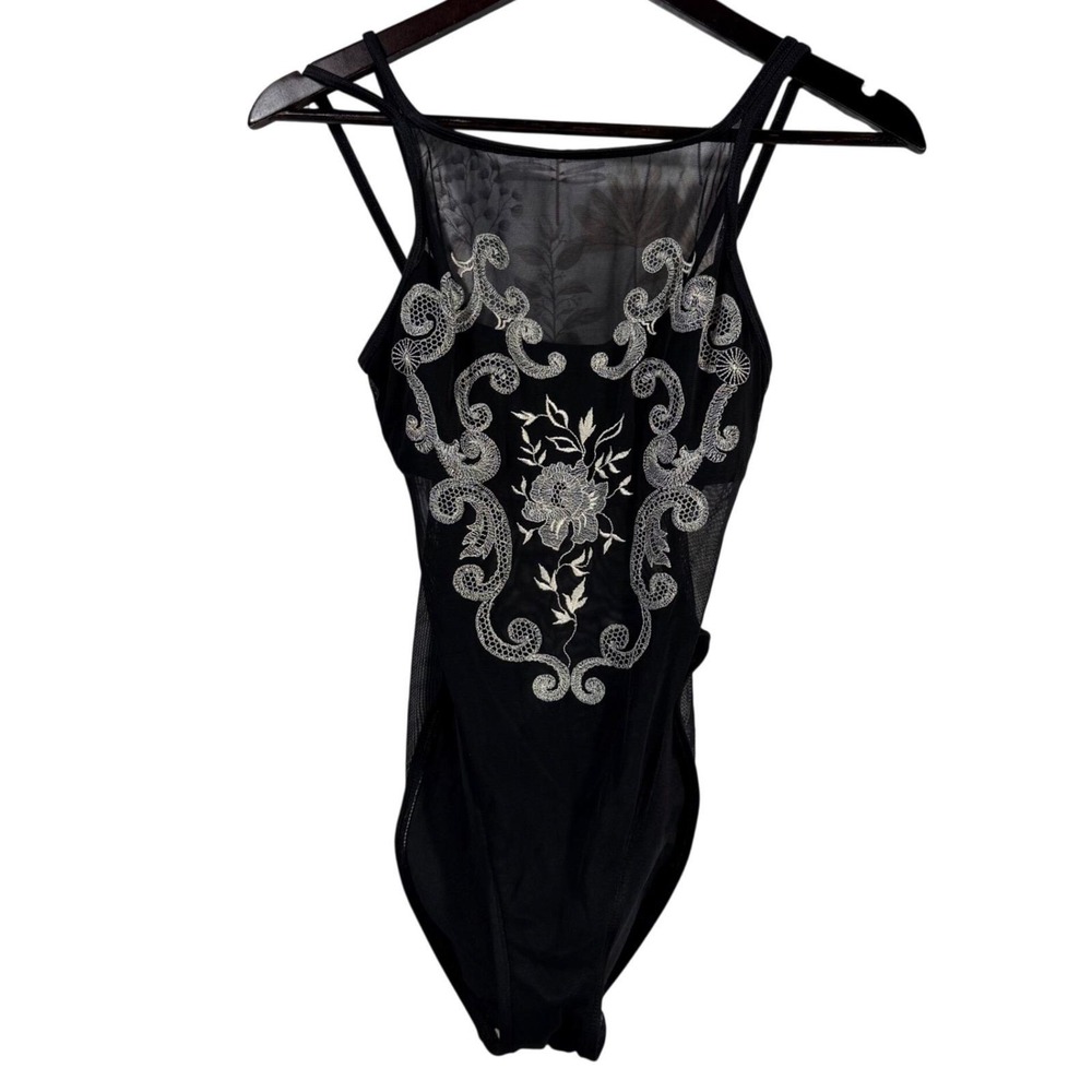 La Bianca Vintage Mesh High Neck Embroidered One Piece Swimsuit Black Size 8 USA